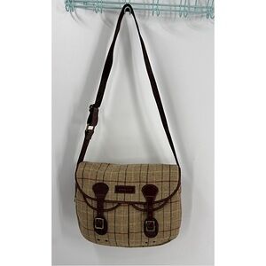 Cordon brown wool plaid with leather trim accent Brown Crossbody Bag unisex